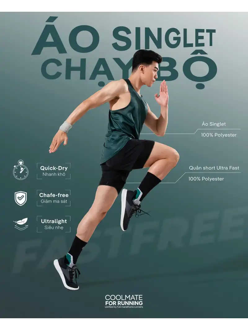 Áo Singlet Chạy Bộ Nam Fast & Free Vải Nhẹ Quick-Dry