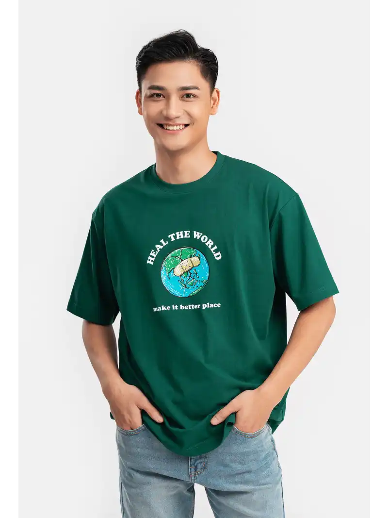 Áo Thun Oversize In Heal The World Clean Vietnam Xanh Forest