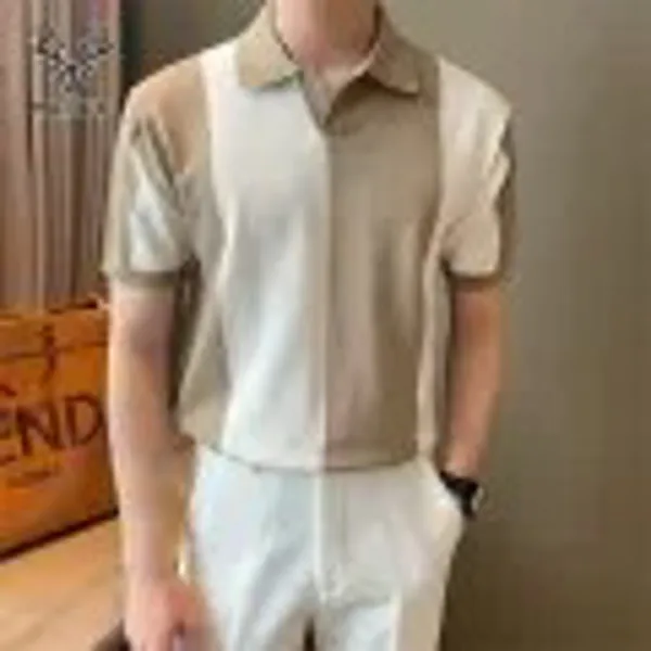 Hanlu Người Đàn Ông Của Dệt Kim Polo Áo Sơ Mi Sọc Đan Ve Áo T-Shirt Giản Dị Đẹp Trai Của tay ngắn Kinh Doanh ngắn tay Polo tay ngắn