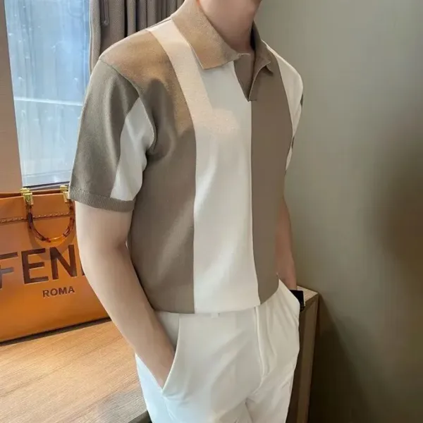 Hanlu Người Đàn Ông Của Dệt Kim Polo Áo Sơ Mi Sọc Đan Ve Áo T-Shirt Giản Dị Đẹp Trai Của tay ngắn Kinh Doanh ngắn tay Polo tay ngắn