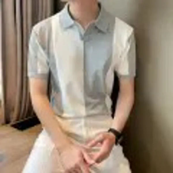 Hanlu Người Đàn Ông Của Dệt Kim Polo Áo Sơ Mi Sọc Đan Ve Áo T-Shirt Giản Dị Đẹp Trai Của tay ngắn Kinh Doanh ngắn tay Polo tay ngắn