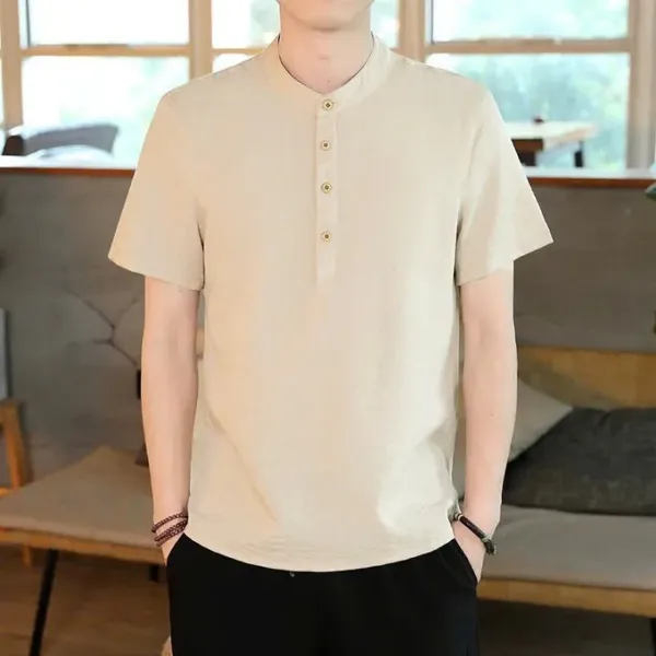 Áo đũi linen nam cổ tàu, tay ngắn, trắng đen xanh vàng, lịch lãm