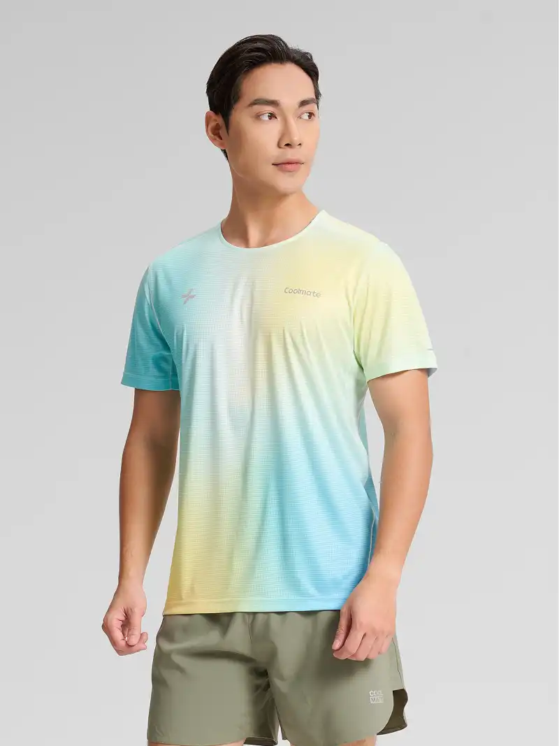 Áo Thun Chạy Bộ Họa Tiết Xanh Gradient Quick-Dry Thoáng Mát
