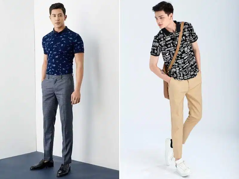 Phối quần tây đồng màu với chi tiết trên áo polo Phối quần tây đồng màu với chi tiết trên áo polo