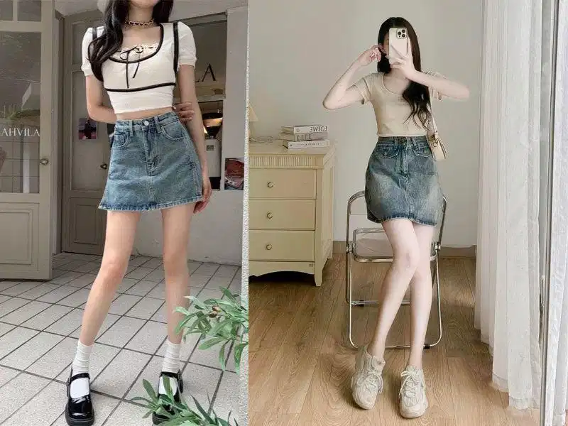 Áo crop top năng động kết hợp chân váy denim ngắn cho nữ