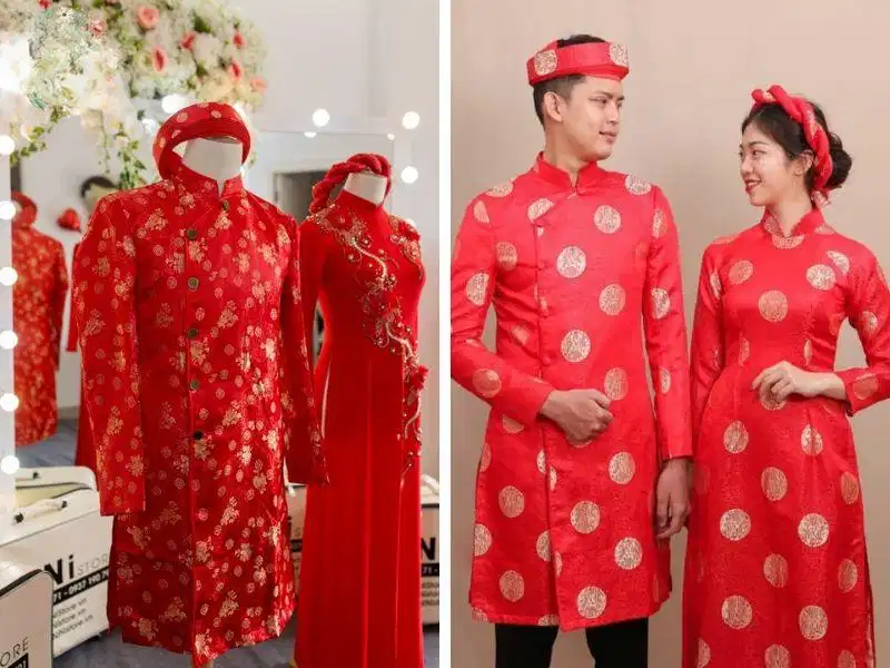 Áo dài chú rể màu đỏ đồng tiền Áo dài chú rể màu đỏ đồng tiền