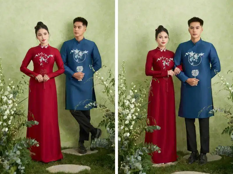 Áo dài cưới nam màu xanh dương kết hoa hỷ 3d Áo dài cưới nam màu xanh dương kết hoa hỷ 3d