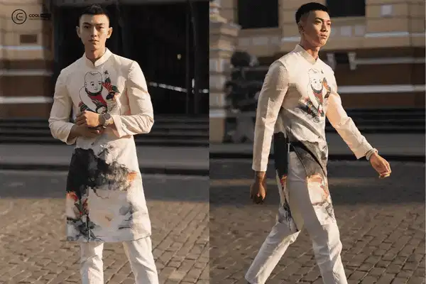 Áo dài nam VSTYLE Áo dài nam họa tiết mùa xuân của VSTYLE