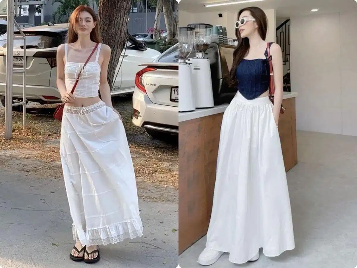 Áo hai dây phối với chân váy dài qua gối