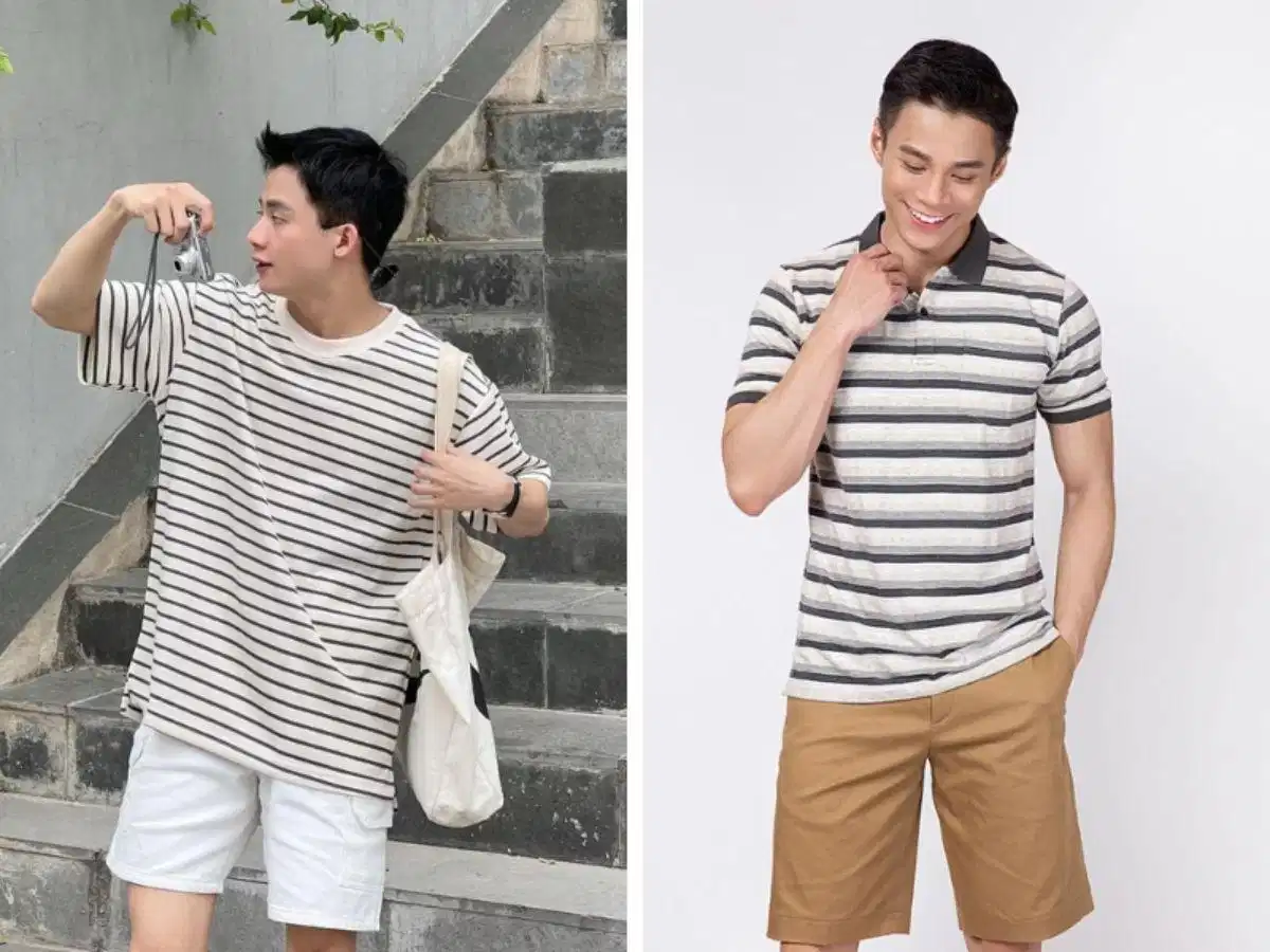 Áo kẻ sọc kết hợp cùng quần short hoặc quần dài màu trắng navy
