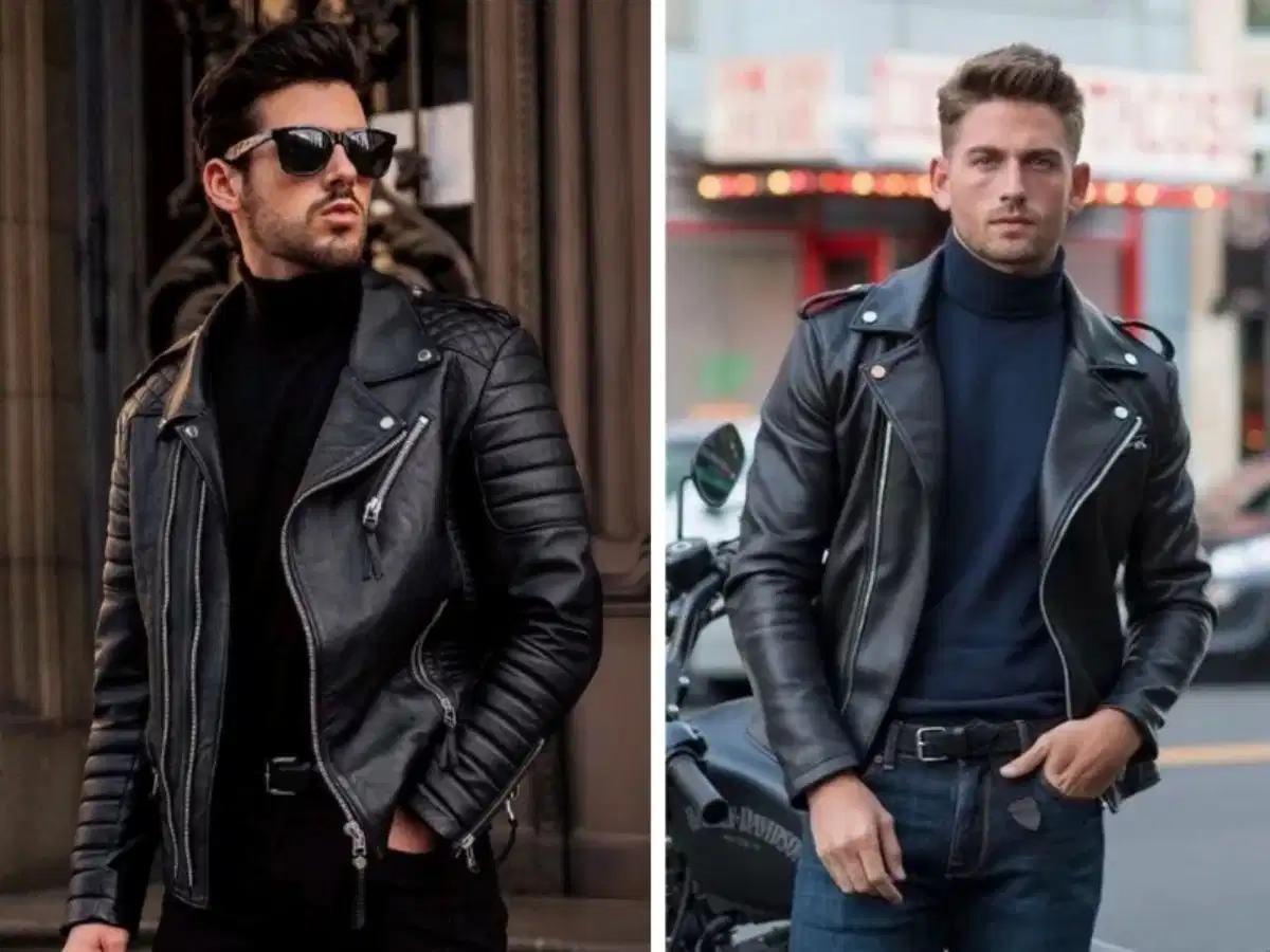 Áo khoác da Biker kinh điển Áo khoác da Biker với khóa kéo lệch và ve áo to bản