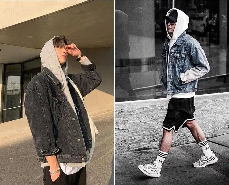Layering áo khoác ghi và hoodie thời thượng Áo khoác ghi ngoài kết hợp hoodie ấm áp
