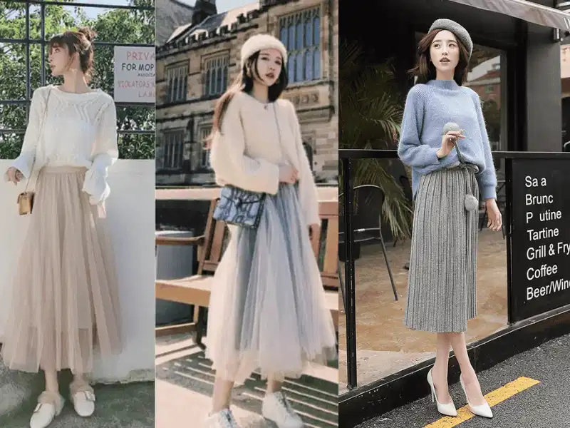 Áo len mỏng kết hợp với chân váy midi