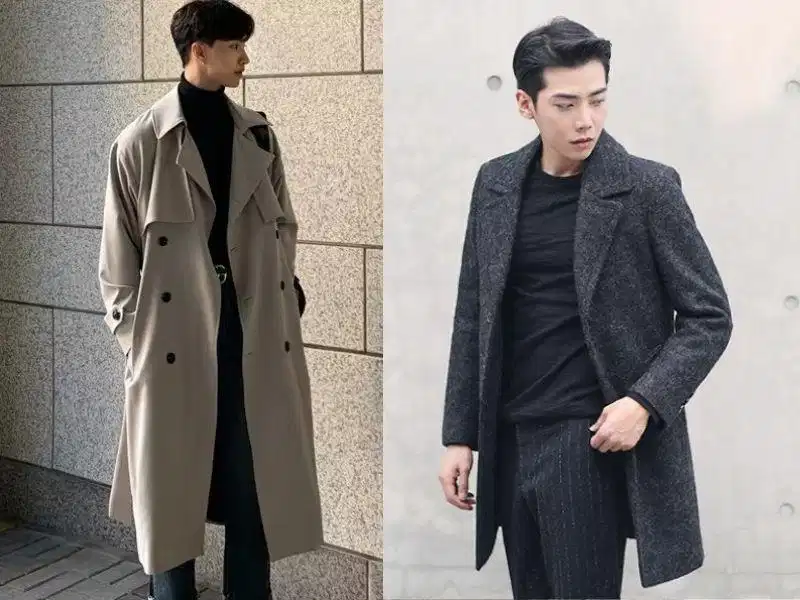 Phối áo măng tô dáng dài cùng áo thun và quần denim cho nam
