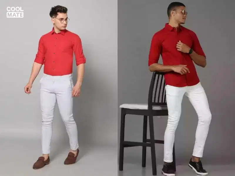 Áo sơ mi màu đỏ phối với quần kaki trắng