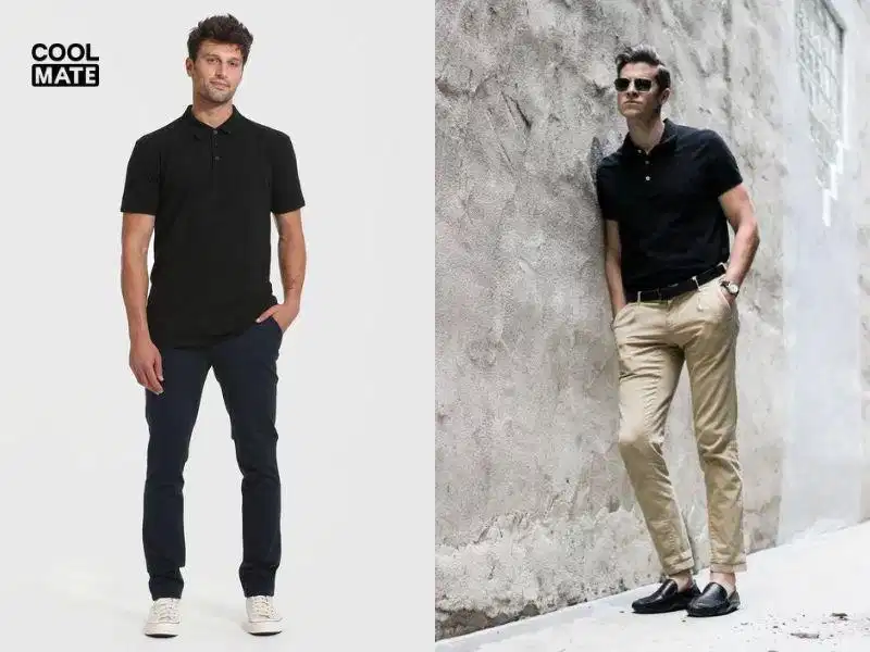 Áo polo đen kết hợp cùng quần kaki màu be sáng