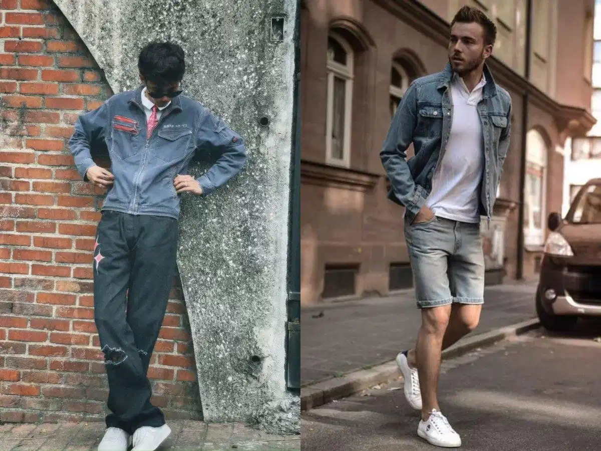 Áo polo trắng phối áo khoác denim và quần jeans tối màu Áo polo trắng phối áo khoác denim và quần jeans tối màu
