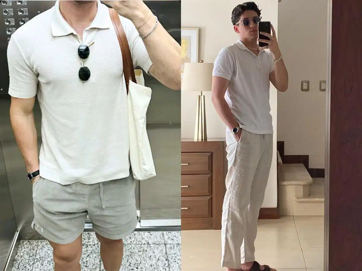 Áo polo trắng nam phối quần linen sáng màu Áo polo trắng nam phối quần linen sáng màu