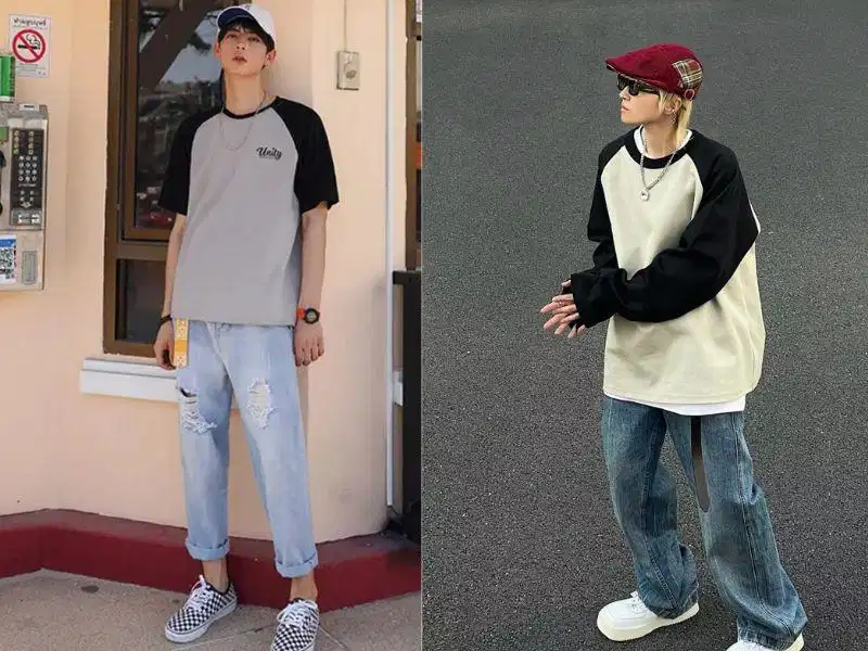 Áo raglan phối cùng quần jeans xanh cổ điển