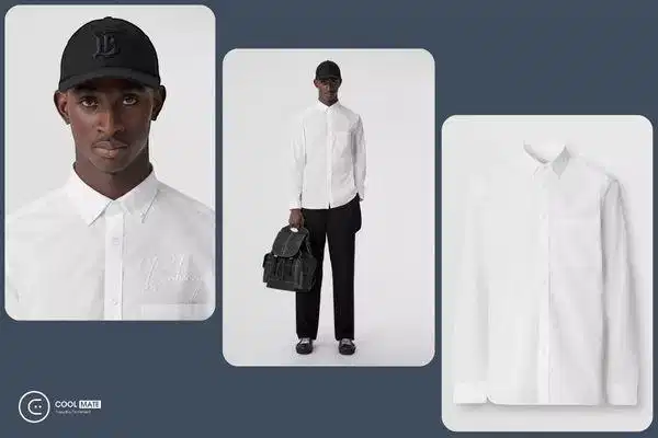 Áo sơ mi trắng thêu chữ Burberry Áo sơ mi trắng Burberry nam dài tay thêu logo chữ trước ngực