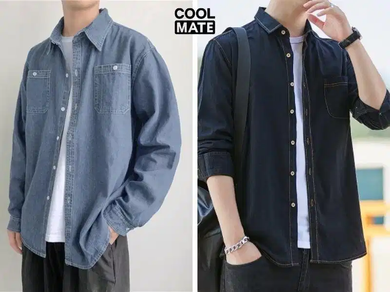 Áo sơ mi denim kết hợp quần jeans sẫm màu nam tính Áo sơ mi denim kết hợp quần jeans sẫm màu nam tính