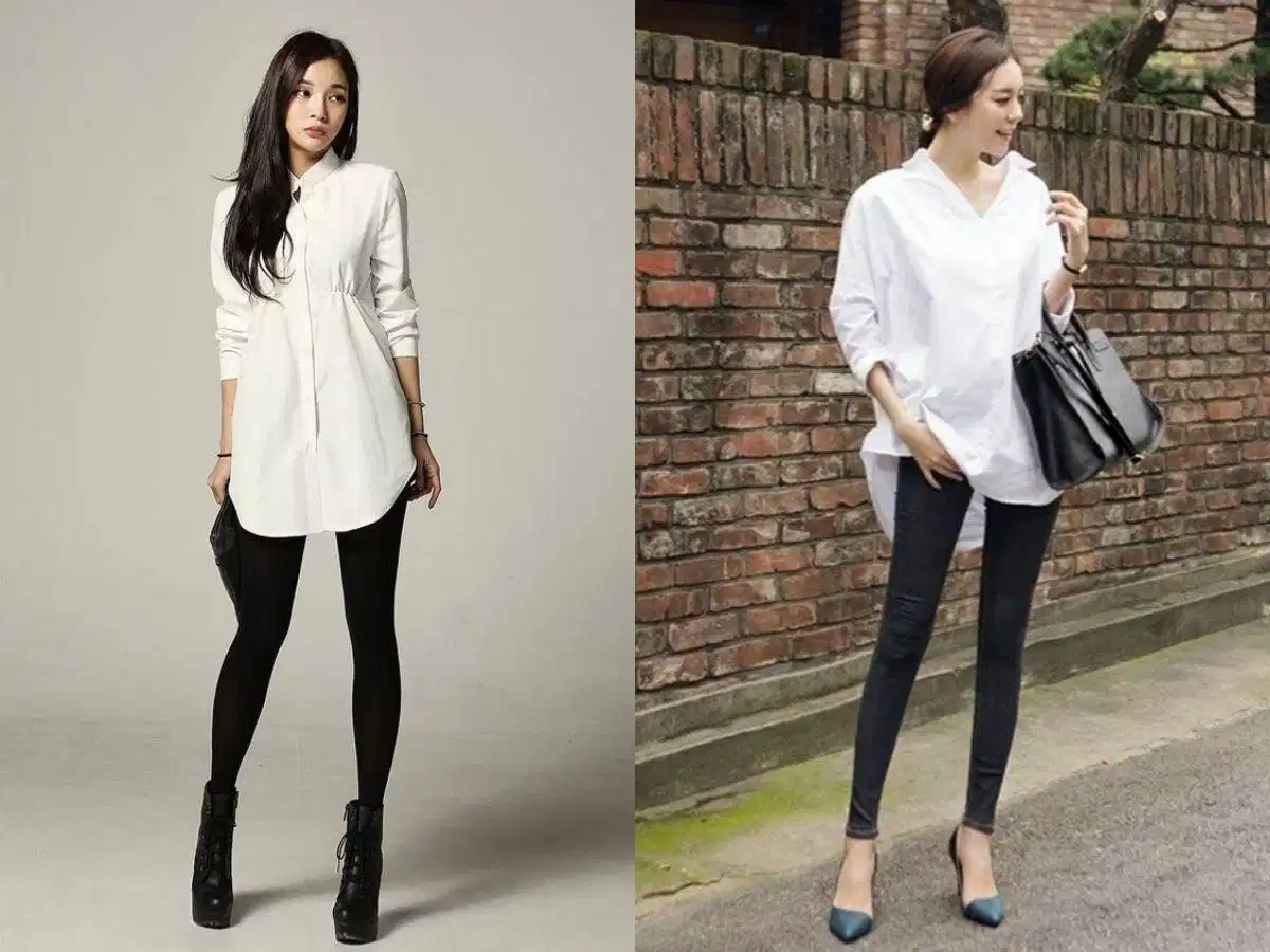 Áo sơ mi form dài phối quần legging và thắt lưng Áo sơ mi form dài phối quần legging và thắt lưng
