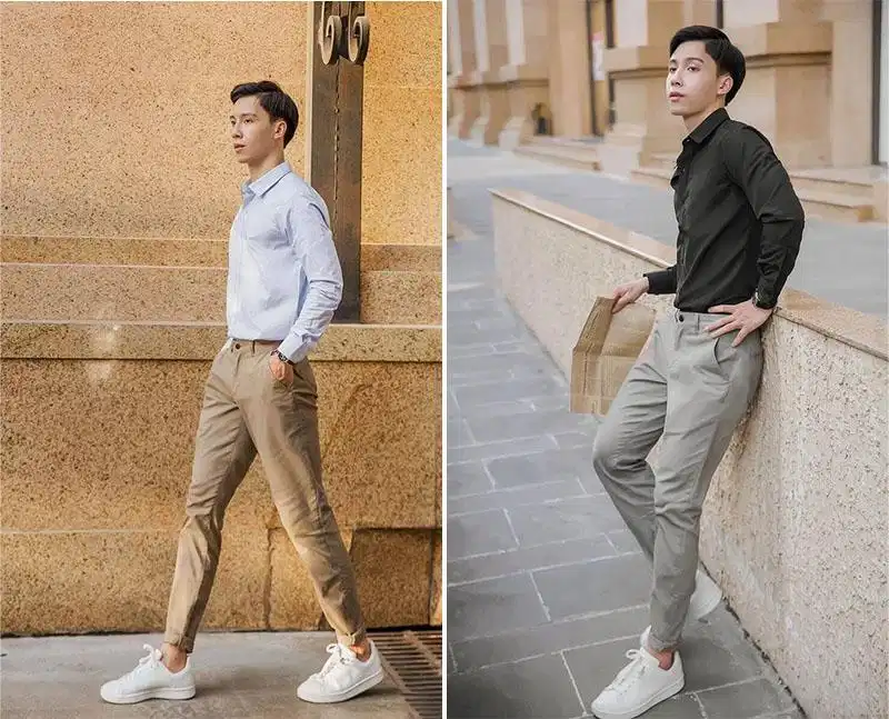 Sơ mi ghi và quần kaki be hài hòa Áo sơ mi ghi phối cùng quần kaki be