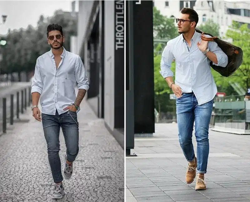 Sơ mi màu ghi và quần jean cá tính Áo sơ mi ghi phối cùng quần jean xanh