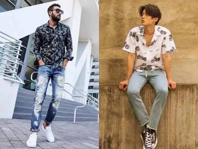 Áo sơ mi họa tiết phóng khoáng kết hợp cùng quần jeans bụi bặm