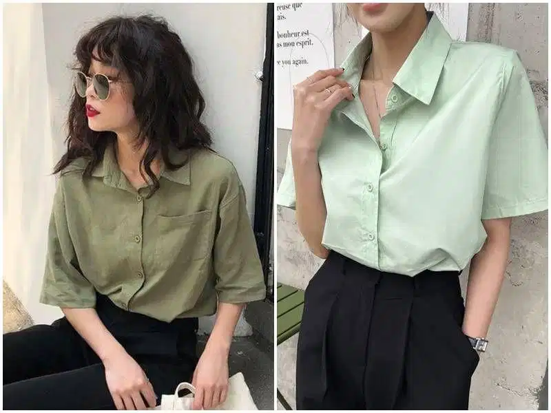 Áo sơ mi màu xanh pastel phối với quần tối màu Áo sơ mi màu xanh pastel phối với quần tối màu