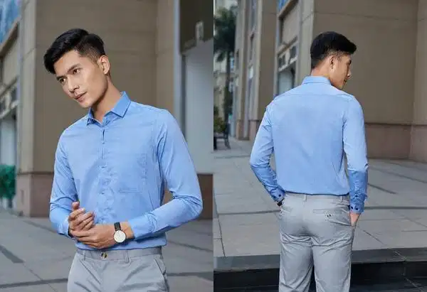 Áo sơ mi nam màu xanh nhạt cơ bản Áo sơ mi nam màu xanh nhạt cơ bản dễ phối trang phục