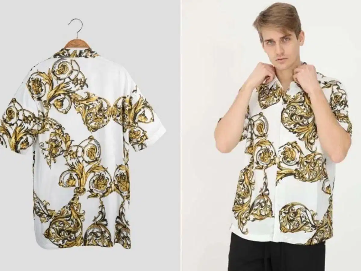 Áo sơ mi ngắn tay họa tiết khăn lụa Baroque vạt vuông