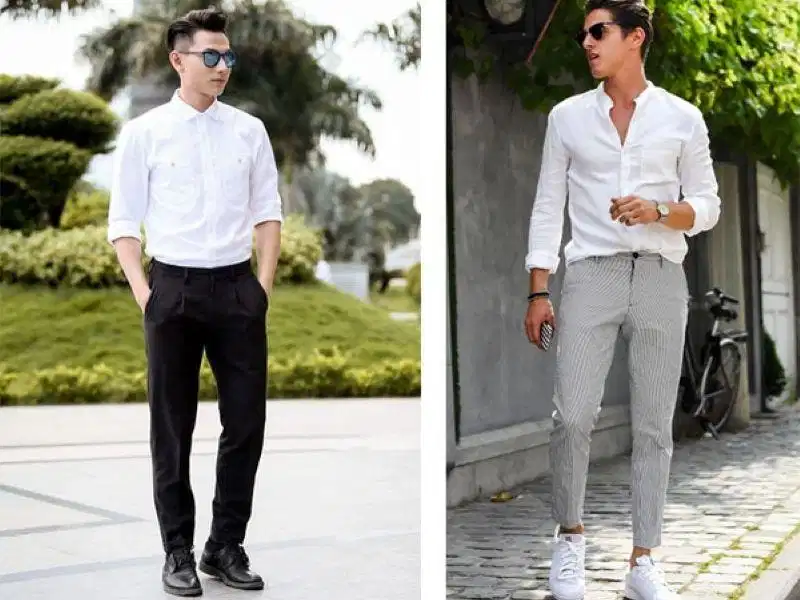 Áo sơ mi và quần vải ống rộng Áo sơ mi tay dài kết hợp quần vải ống rộng tạo sự thoải mái