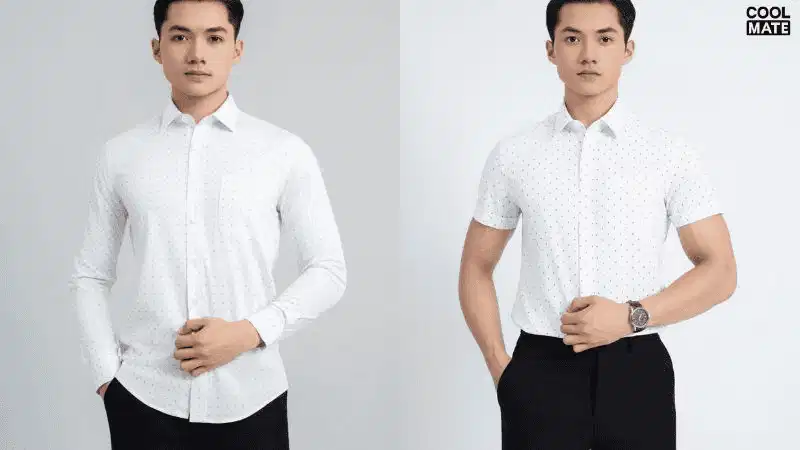 Áo sơ mi trắng họa tiết chấm bi Áo sơ mi trắng họa tiết chấm bi đen tương phản nhẹ nhàng