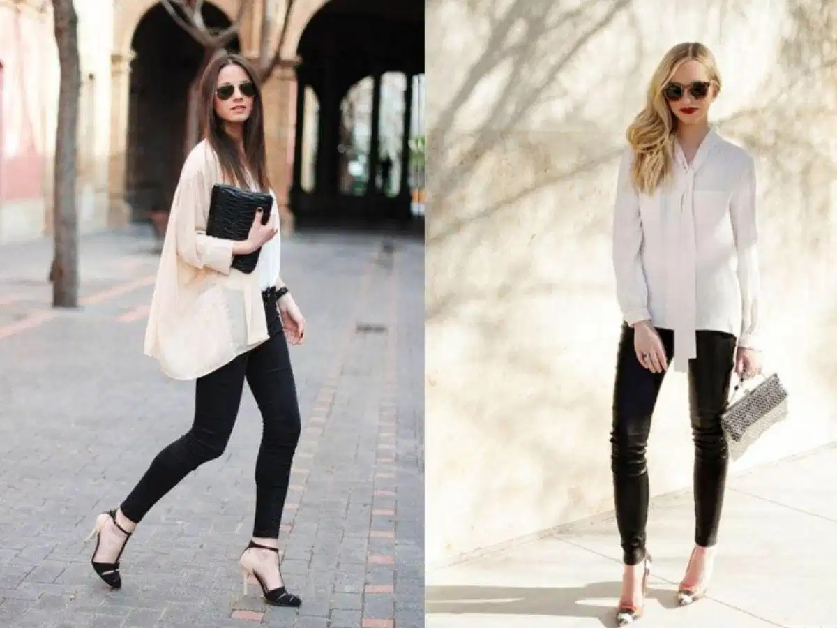 Áo sơ mi trắng phối với quần legging đen Áo sơ mi trắng phối với quần legging đen