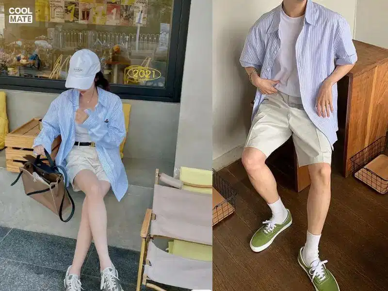 Áo sơ mi xanh dương phối quần short Áo sơ mi xanh dương phối quần shorts phóng khoáng ngày hè