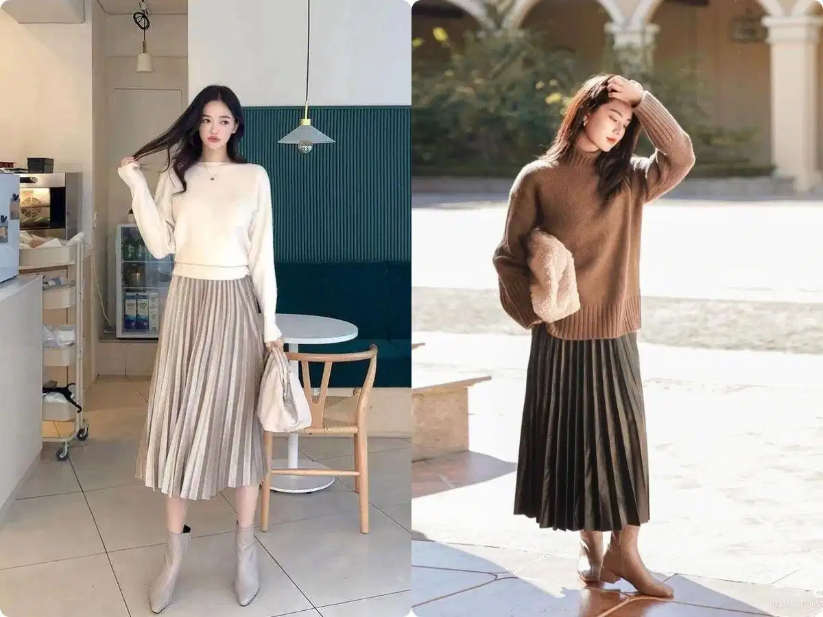 Sweater phối với chân váy dài xếp ly