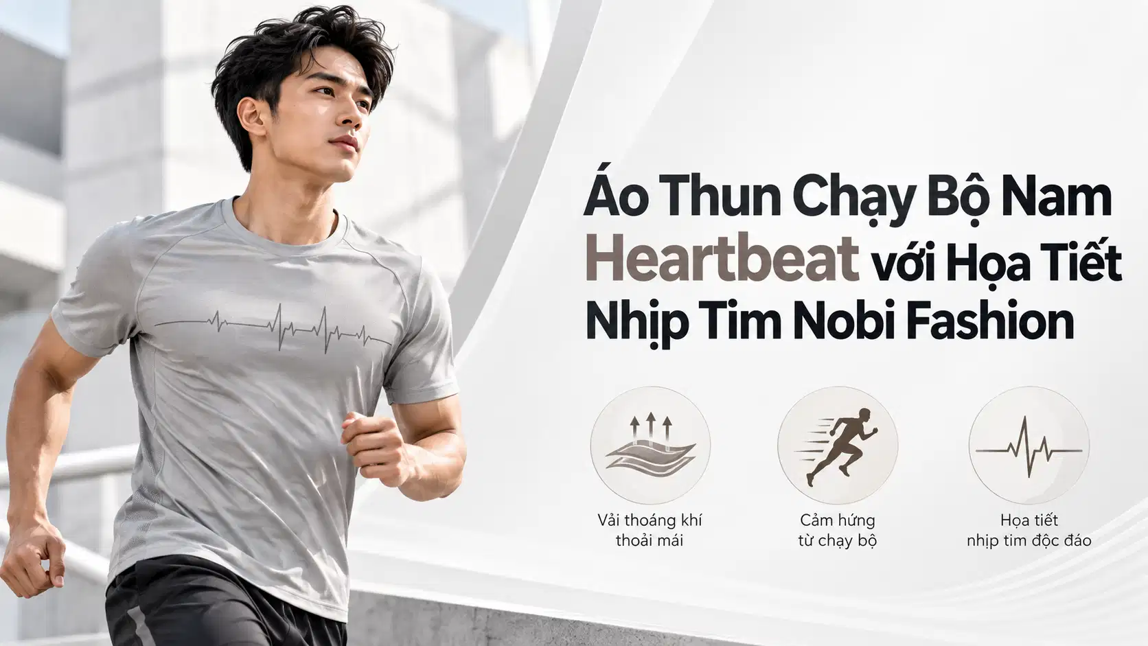 Áo Thun Chạy Bộ Nam Heartbeat với Họa Tiết Nhịp Tim Nobi Fashion
