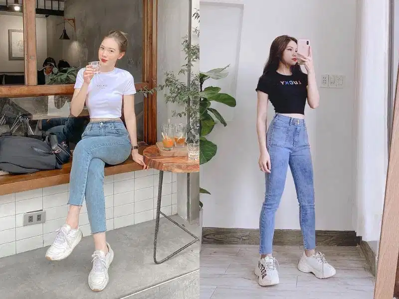 Áo thun basic kết hợp quần jeans ống suông cổ điển