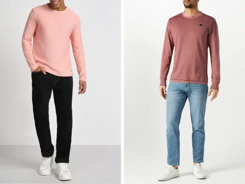 Áo thun dài tay hồng và quần denim xanh Áo thun nam tay dài màu hồng phối cùng quần jeans