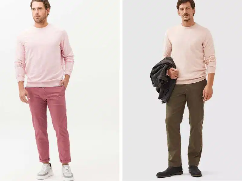 Áo thun dài tay hồng đi cùng quần chinos kaki Áo thun nam tay dài màu hồng phối với quần kaki