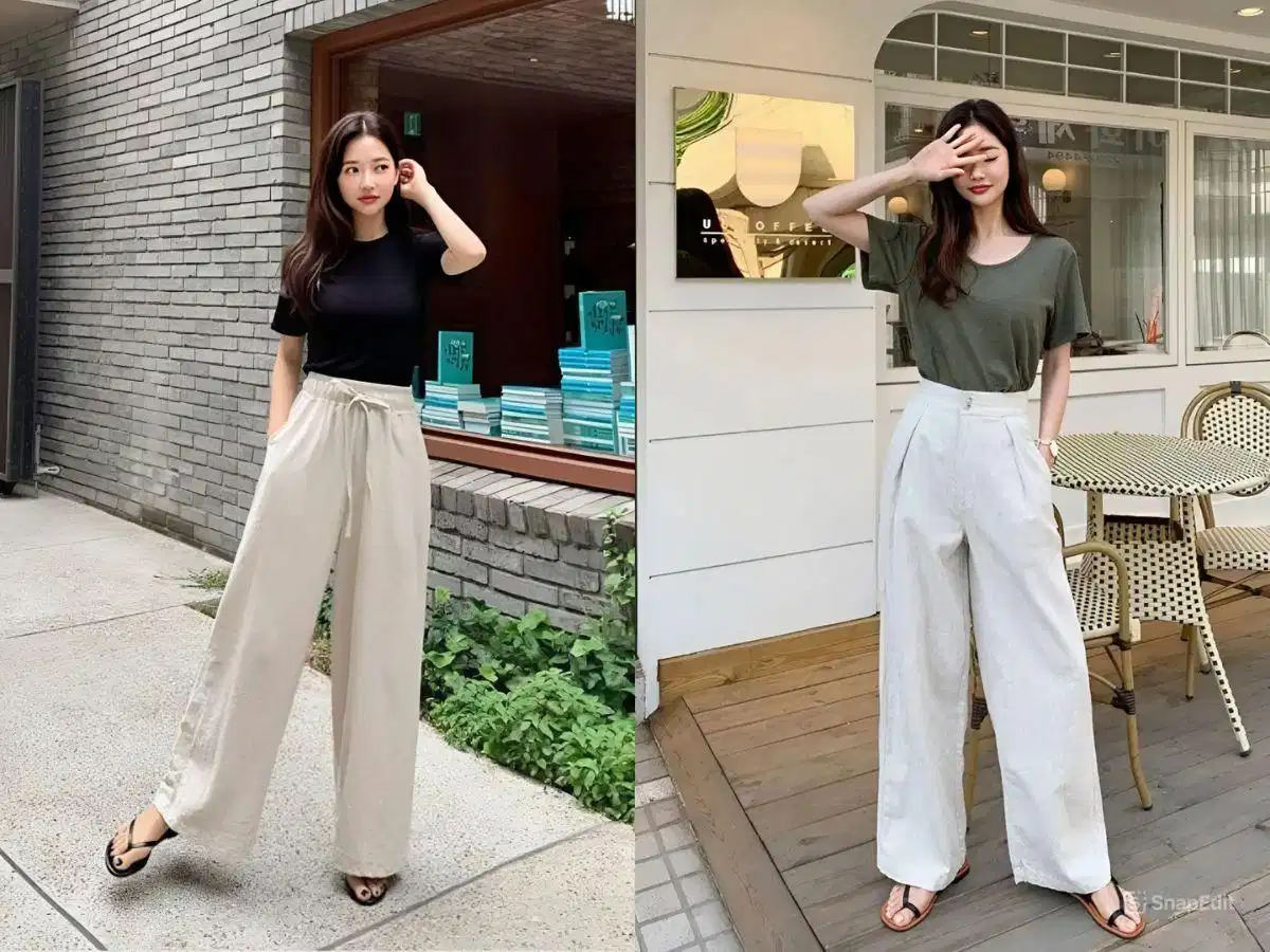 Áo thun phối quần ống rộng trong trang phục hằng ngày Áo thun phối quần ống rộng trong trang phục hằng ngày