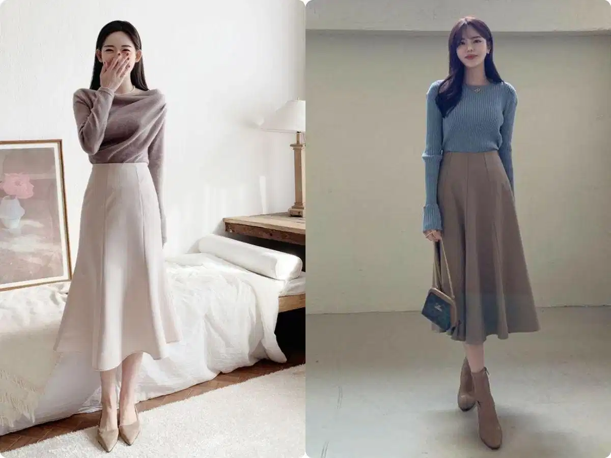 Áo thun dài tay phối với chân váy dài qua gối