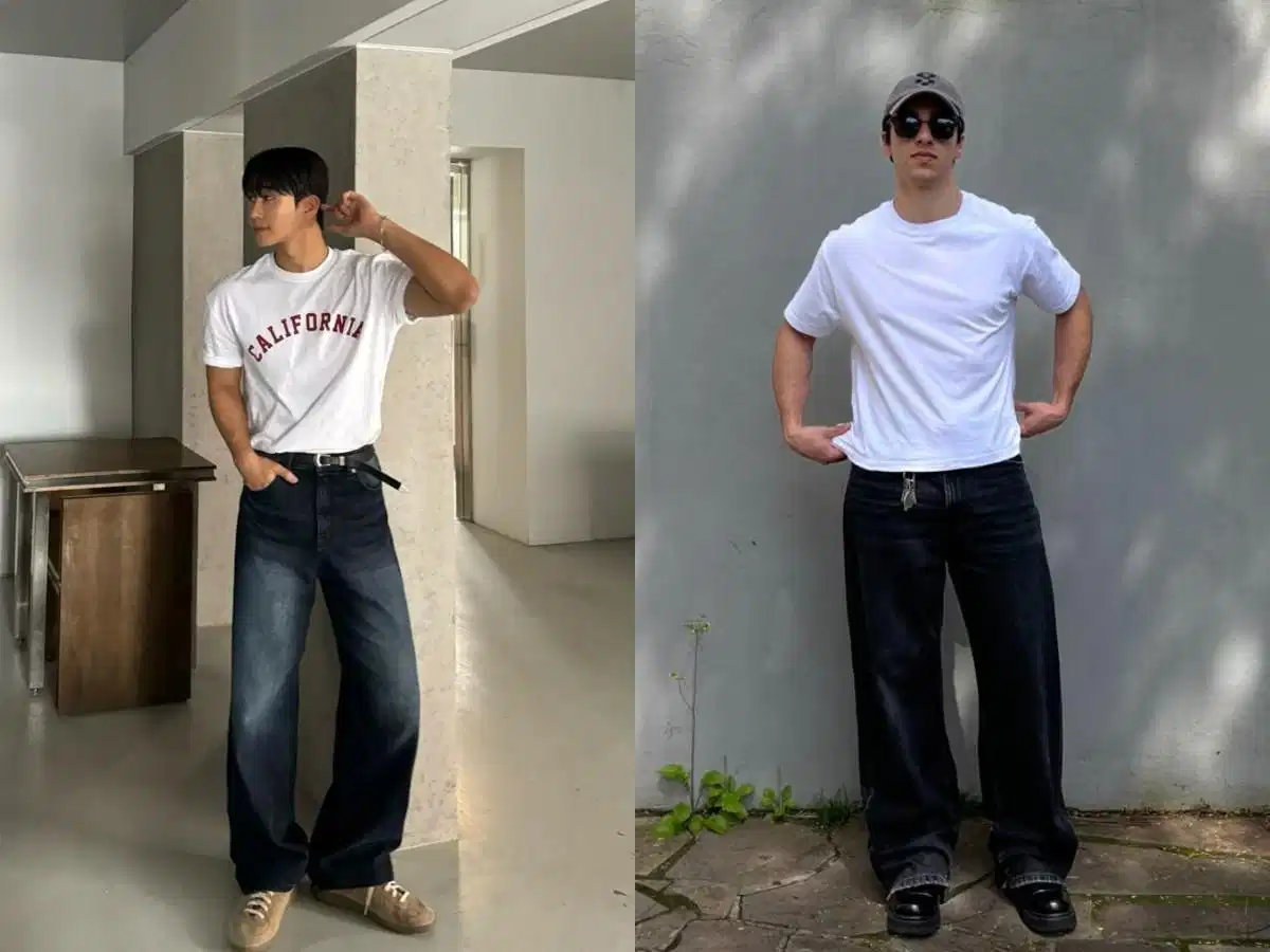 Áo thun trắng phối cùng jeans xanh đậm Nam mặc áo thun trắng với quần jeans xanh đậm