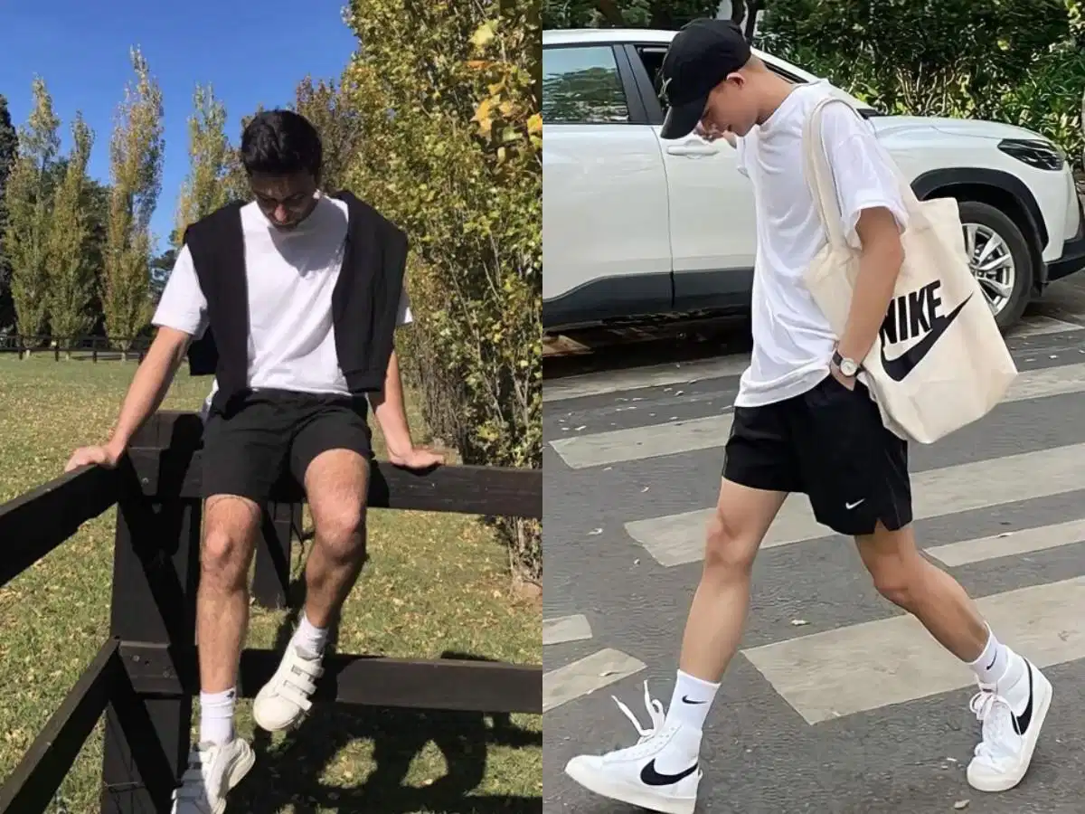 Áo thun trắng và short đen – combo tối giản cho ngày hè năng động Áo thun trắng phối quần short đen nam