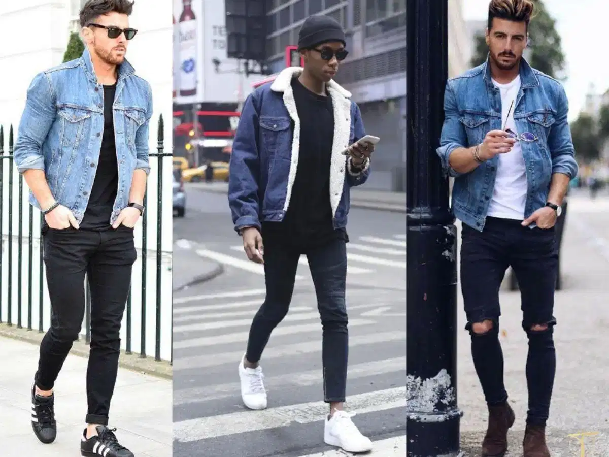 Phối áo khoác denim cùng áo thun trắng trơn và quần jeans