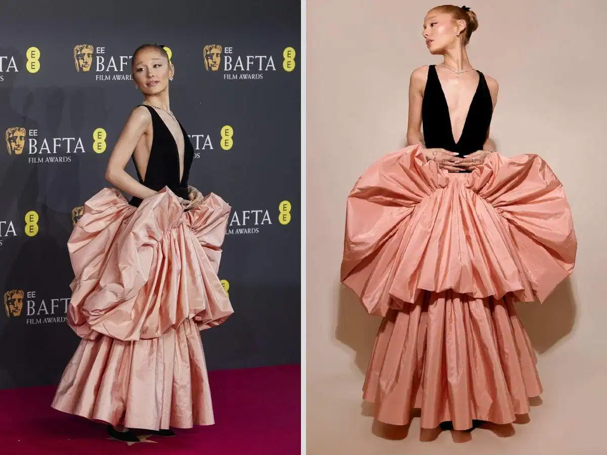 Ariana Grande diện đầm Louis Vuitton đen và hồng phấn trên thảm hồng BAFTA
