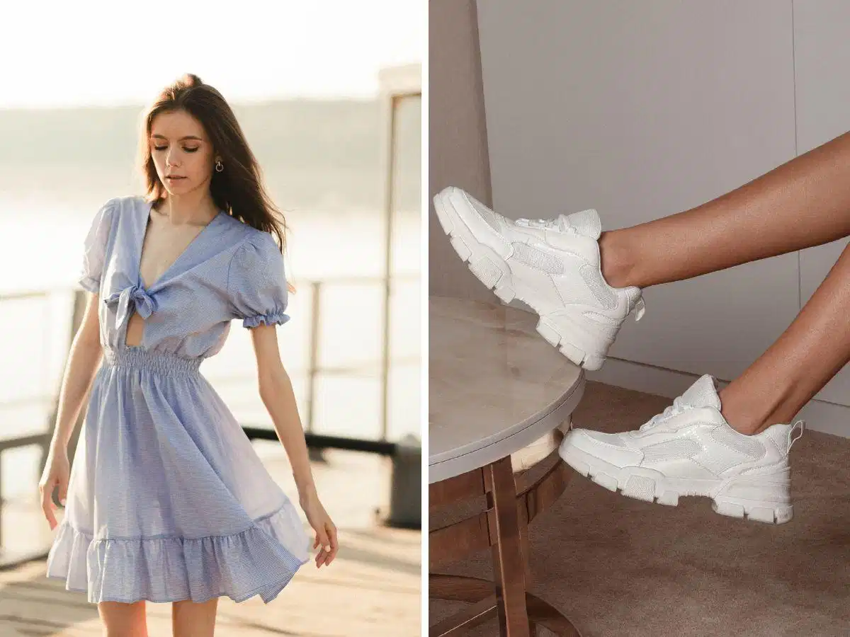 Váy babydoll phối với giày thể thao phom gọn