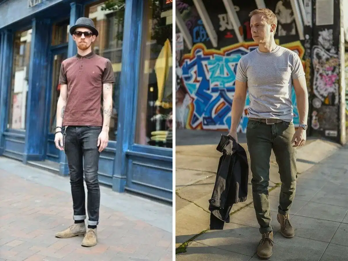 Phối giày Chukka boots với áo thun và quần jeans Phối giày Chukka boots với áo thun và quần jeans