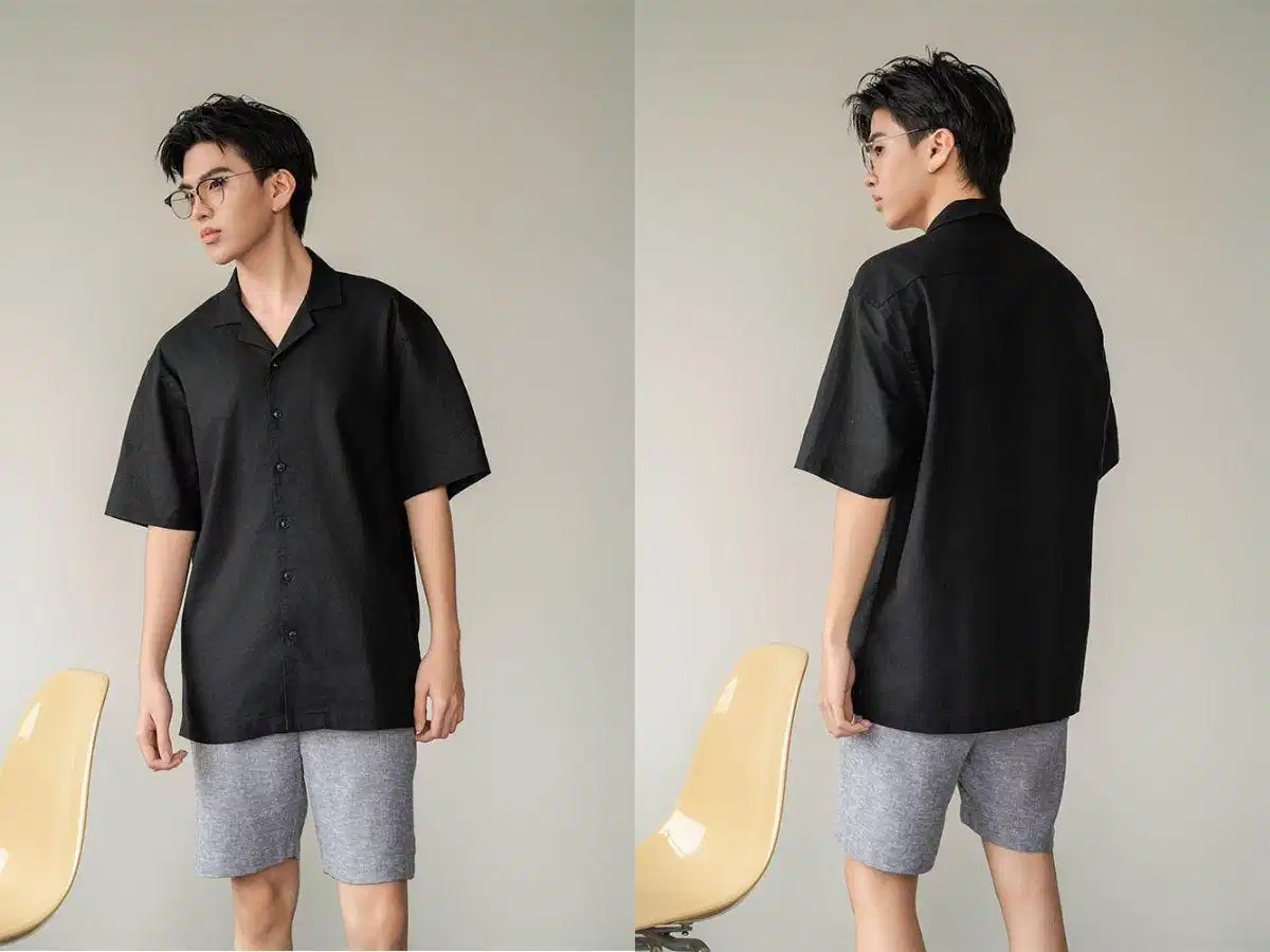 Bạn hoàn toàn có thể mặc sơ mi với short một cách phóng khoáng Áo sơ mi kết hợp cùng quần short xám nam